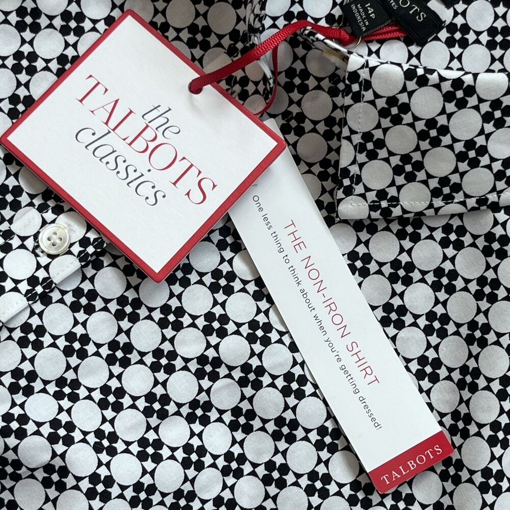 NWT Talbots Non-Iron Sz 14P Black/White Geometric Print Button Up Shirt Stretch - Picture 5 of 9